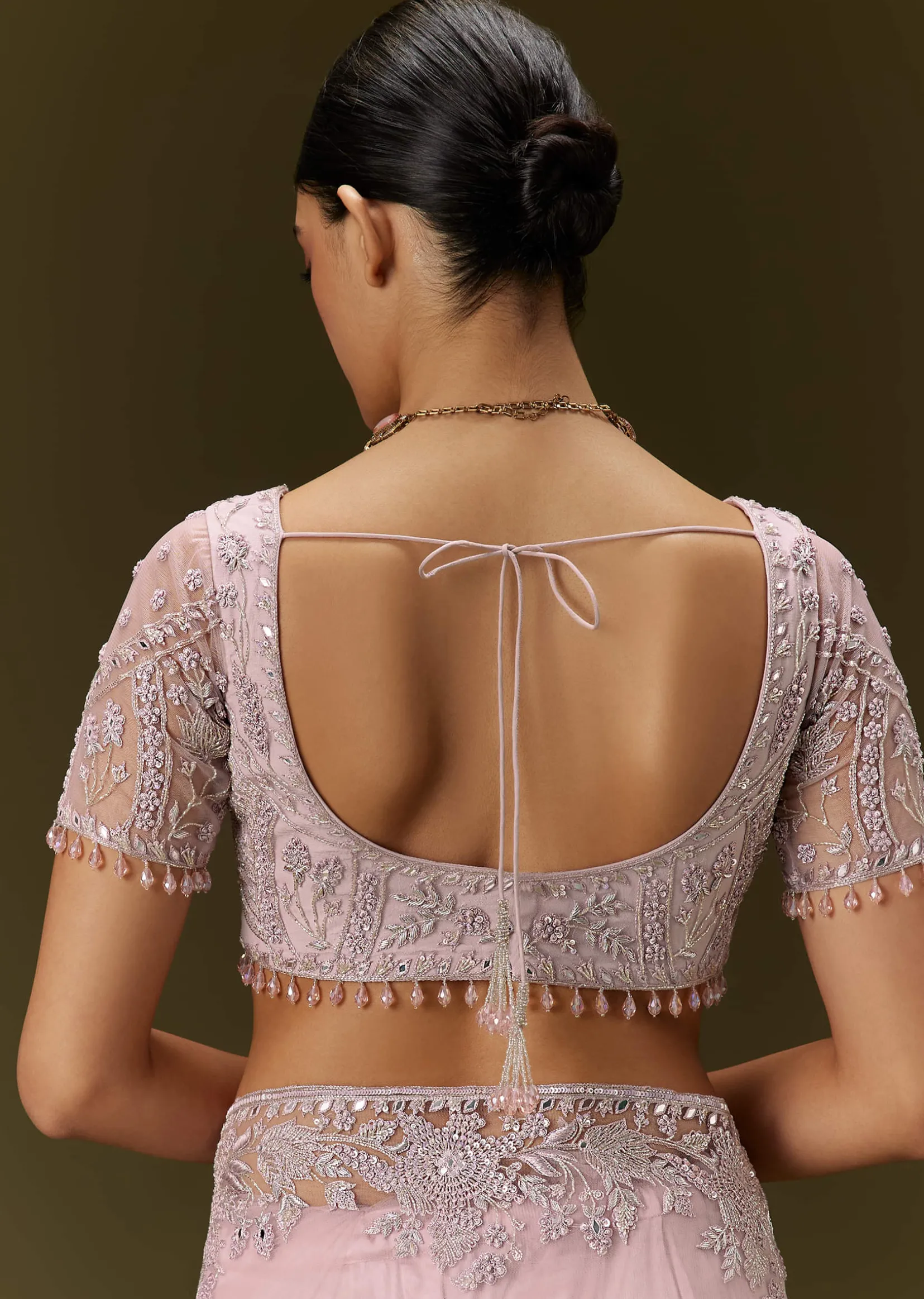 Pink Net Saree With All Over Embroidery