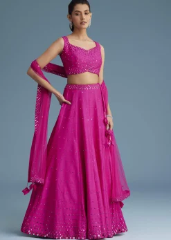 Pink Nysa Silk Lehenga Set With Mirror Work