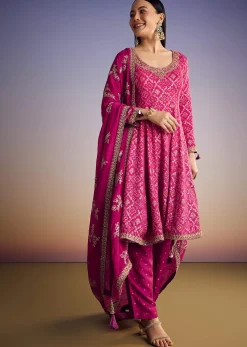 Pink Ombre Bandhani Anarkali Suit With Zardosi Neckline