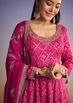 Pink Ombre Bandhani Anarkali Suit With Zardosi Neckline