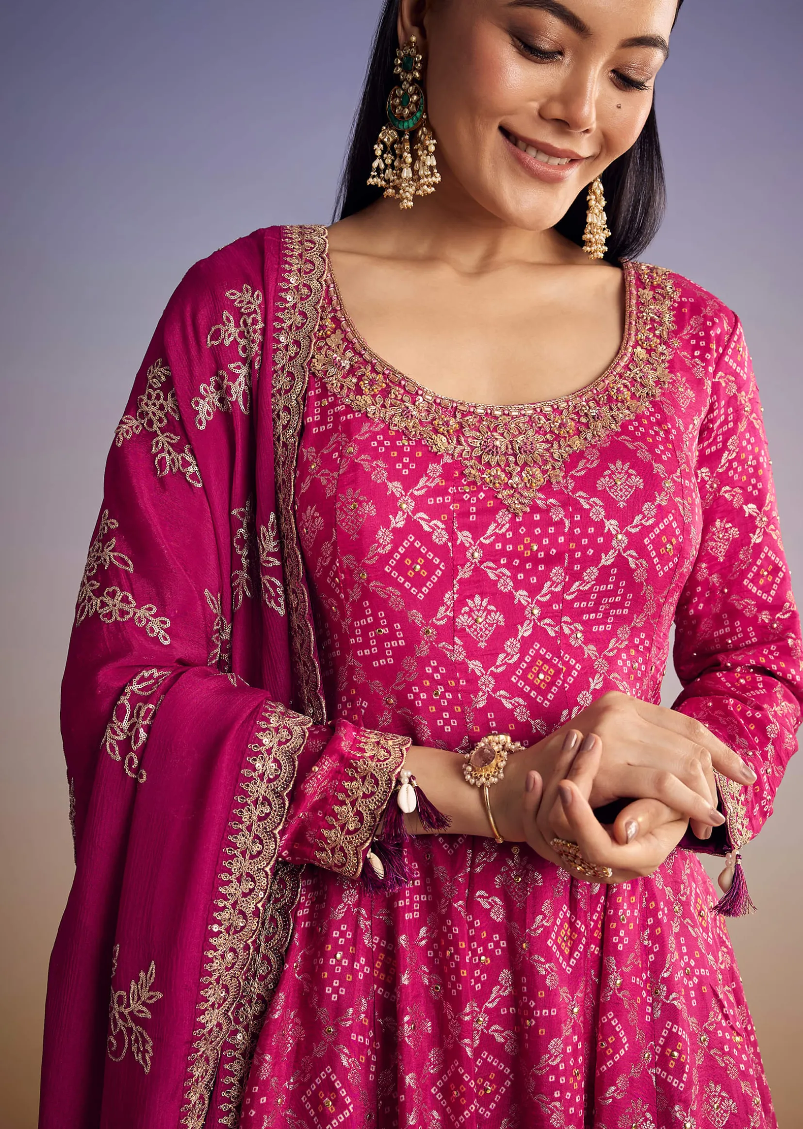 Pink Ombre Bandhani Anarkali Suit With Zardosi Neckline