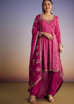 Pink Ombre Bandhani Anarkali Suit With Zardosi Neckline