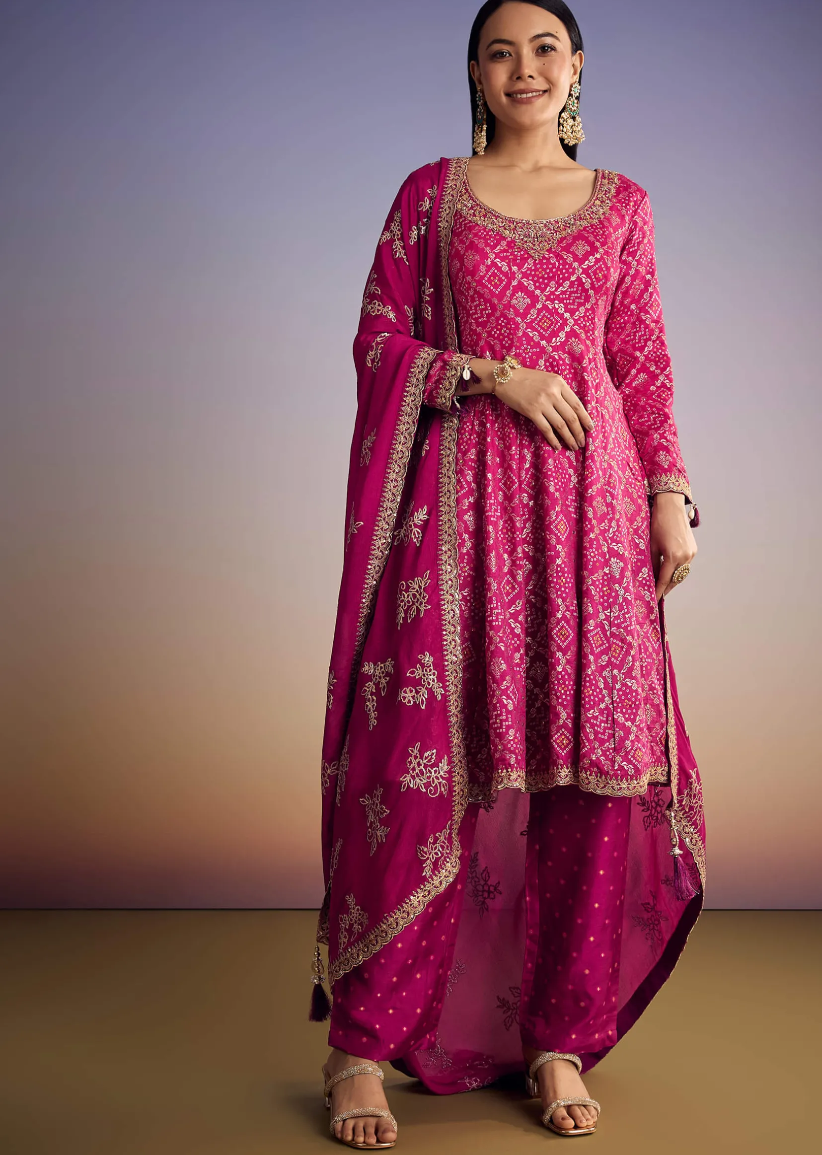 Pink Ombre Bandhani Anarkali Suit With Zardosi Neckline