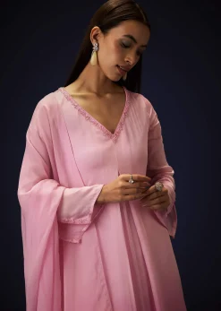Pink Ombre Bell Sleeved Kurta With Palazzo And Dupatta