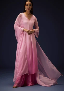 Pink Ombre Bell Sleeved Kurta With Palazzo And Dupatta