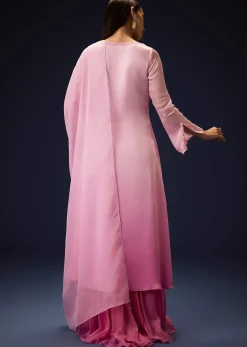 Pink Ombre Bell Sleeved Kurta With Palazzo And Dupatta