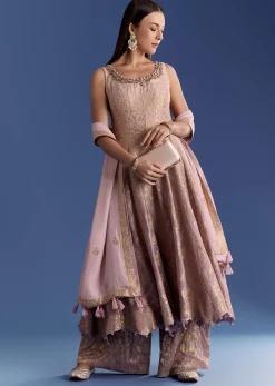 Pink Ombre Georgette Anarkali With Cutdana Neck And Zari Dupatta