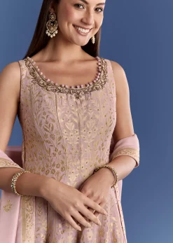 Pink Ombre Georgette Anarkali With Cutdana Neck And Zari Dupatta