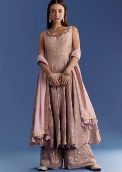 Pink Ombre Georgette Anarkali With Cutdana Neck And Zari Dupatta