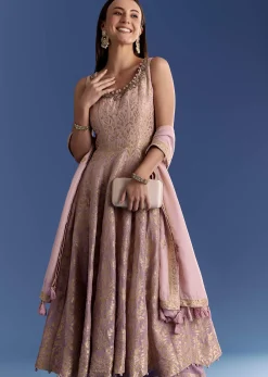 Pink Ombre Georgette Anarkali With Cutdana Neck And Zari Dupatta