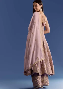 Pink Ombre Georgette Anarkali With Cutdana Neck And Zari Dupatta