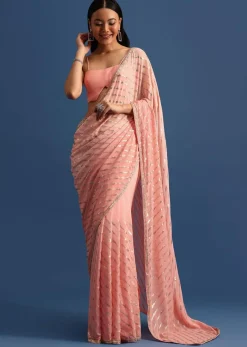 Pink Ombre Georgette Saree In Sequin With Unstitched Blouse
