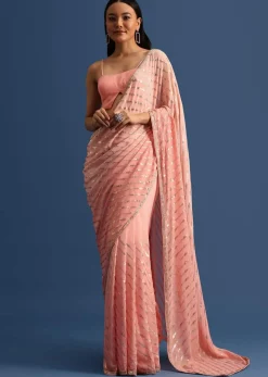 Pink Ombre Georgette Saree In Sequin With Unstitched Blouse