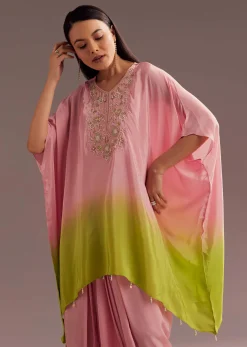 Pink Ombre Moti Zardosi Crepe Kaftan Kurta Dhoti Set
