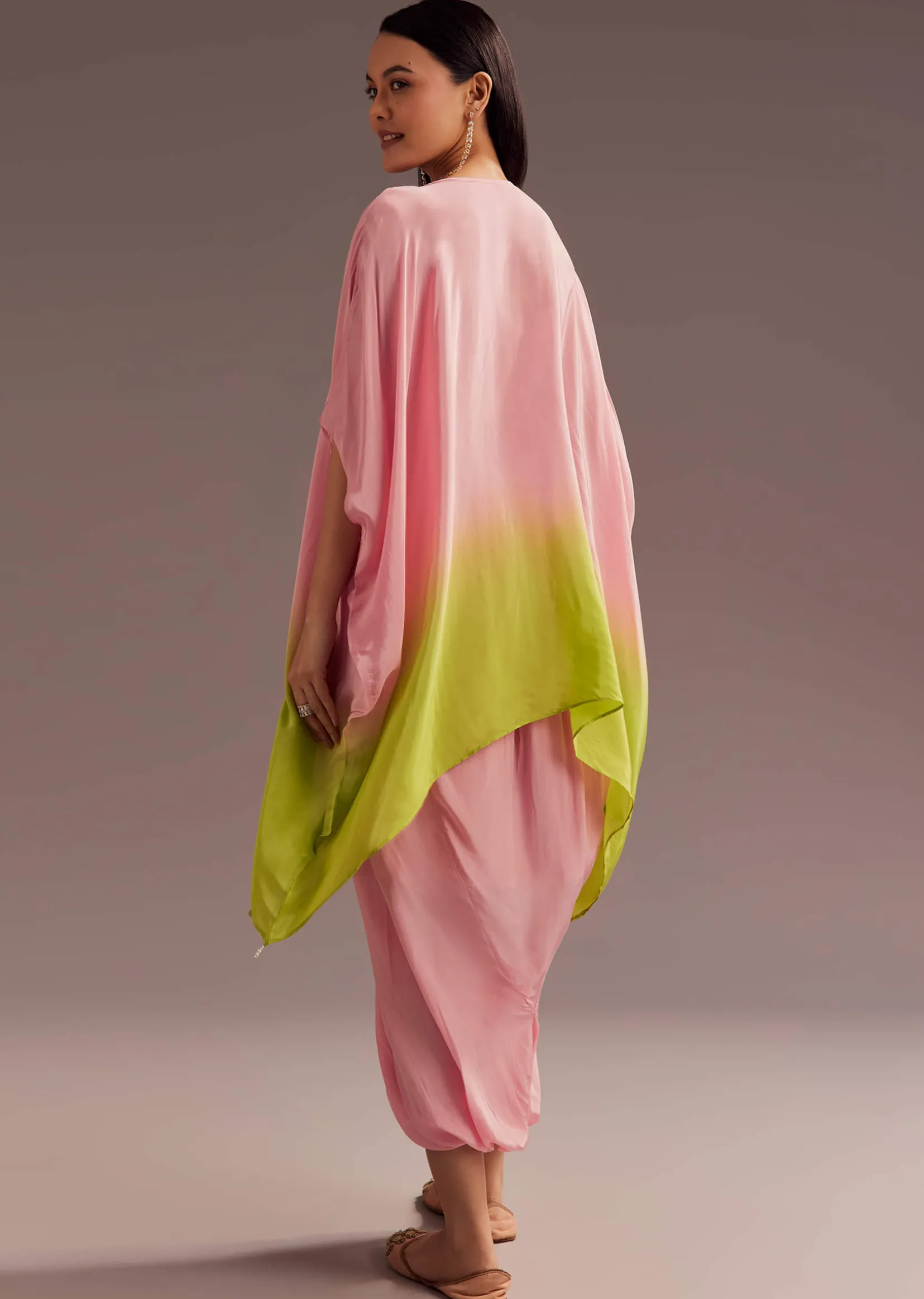 Pink Ombre Moti Zardosi Crepe Kaftan Kurta Dhoti Set
