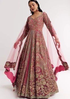 Pink Ombre Printed Anarkali Suit With Gotta And Mirror Work