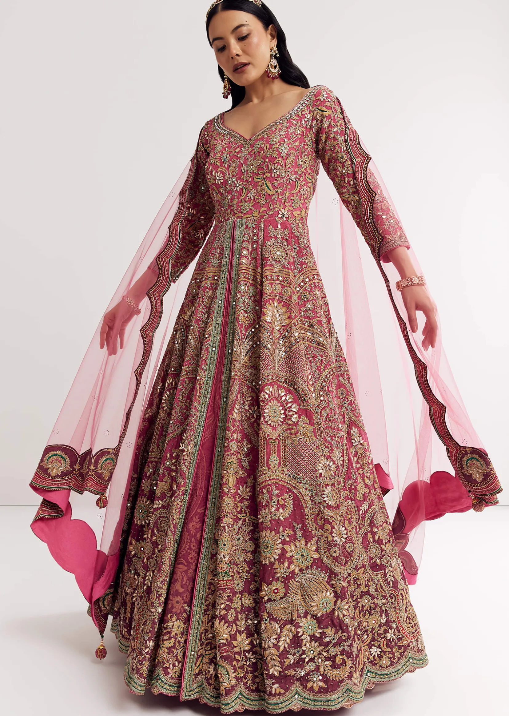 Pink Ombre Printed Anarkali Suit With Gotta And Mirror Work