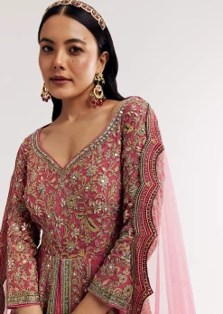 Pink Ombre Printed Anarkali Suit With Gotta And Mirror Work