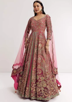 Pink Ombre Printed Anarkali Suit With Gotta And Mirror Work