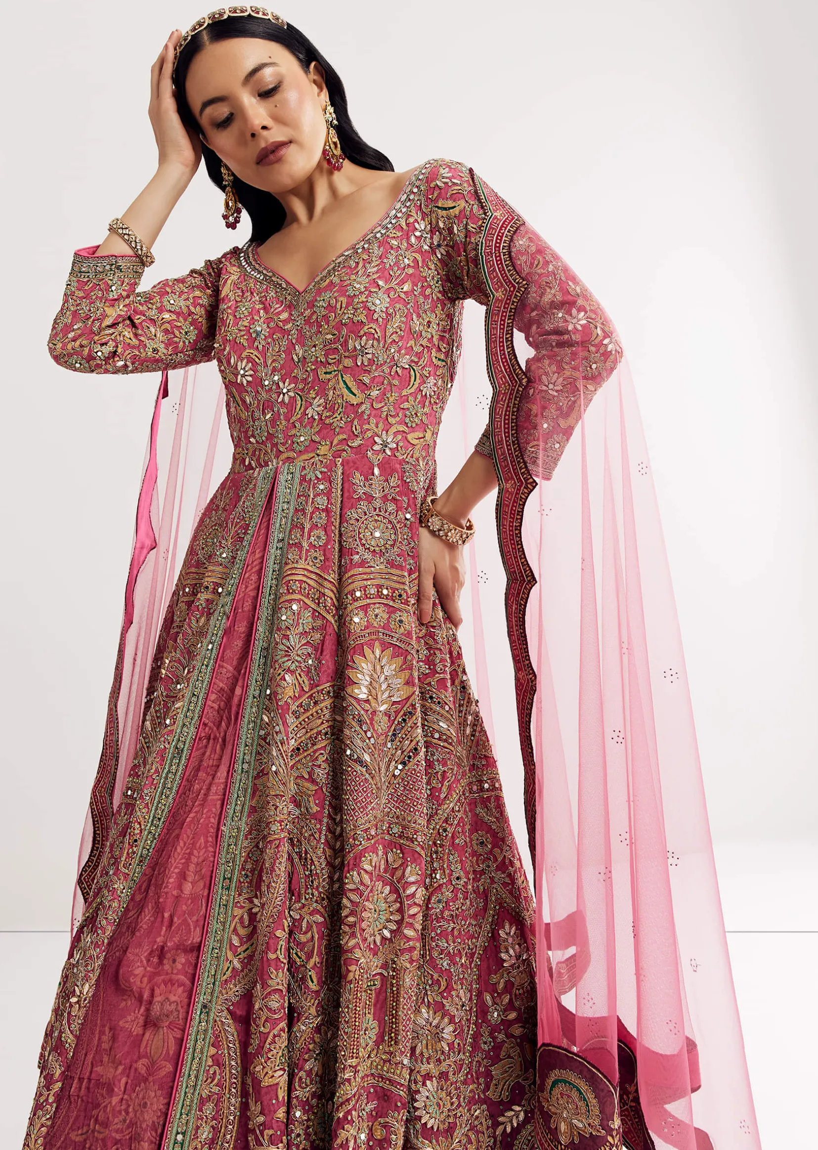 Pink Ombre Printed Anarkali Suit With Gotta And Mirror Work