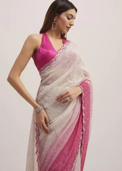 Pink Ombre Sequins Saree With Scallop Border