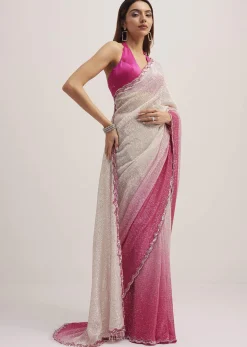 Pink Ombre Sequins Saree With Scallop Border