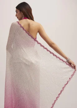 Pink Ombre Sequins Saree With Scallop Border