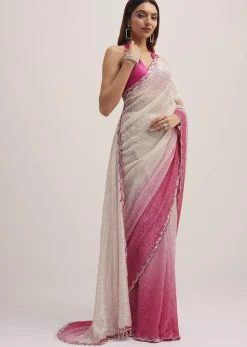 Pink Ombre Sequins Saree With Scallop Border