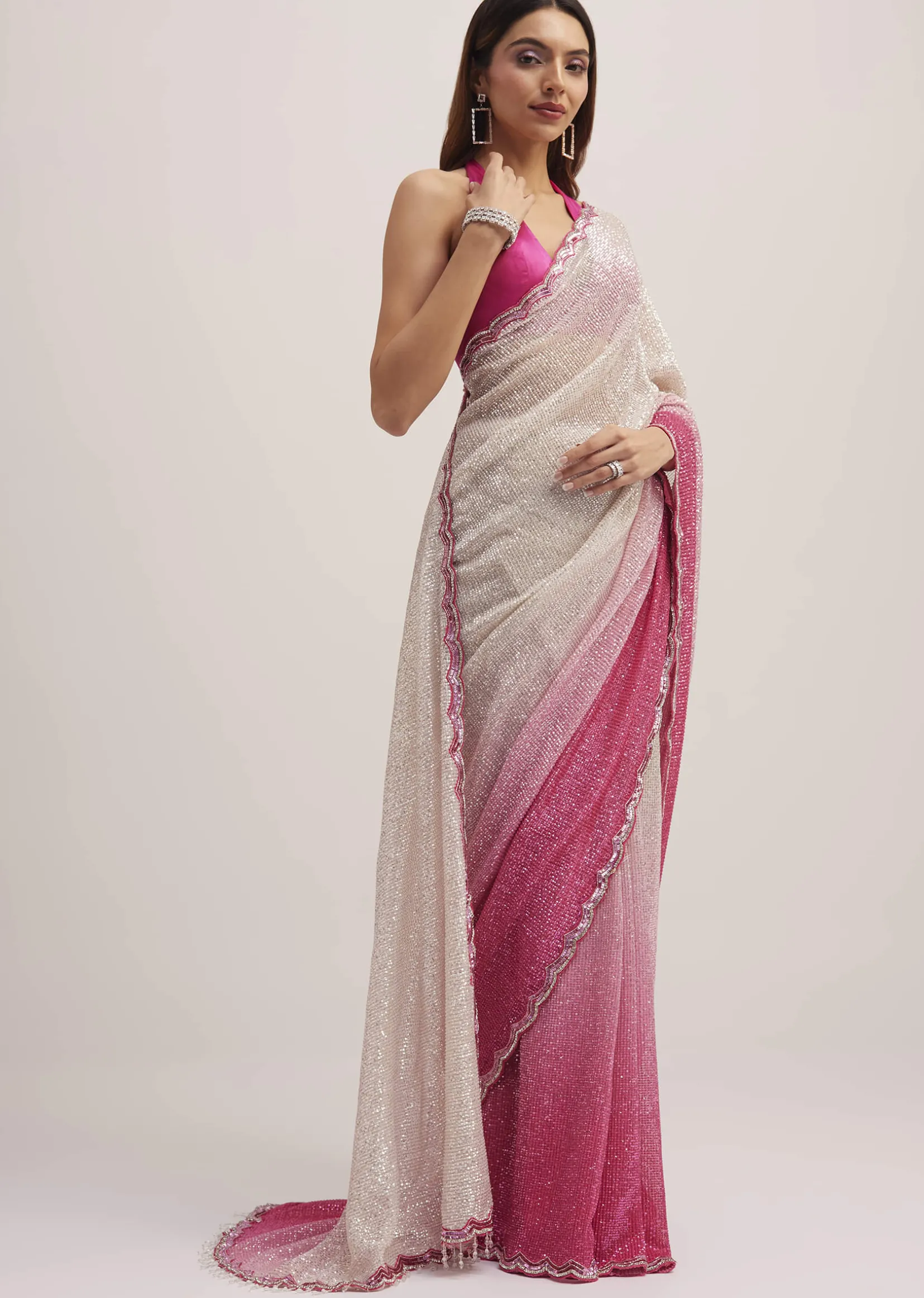 Pink Ombre Sequins Saree With Scallop Border