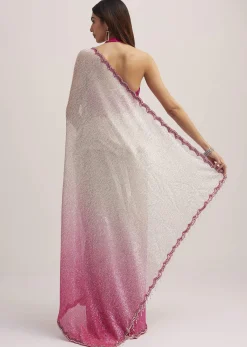 Pink Ombre Sequins Saree With Scallop Border