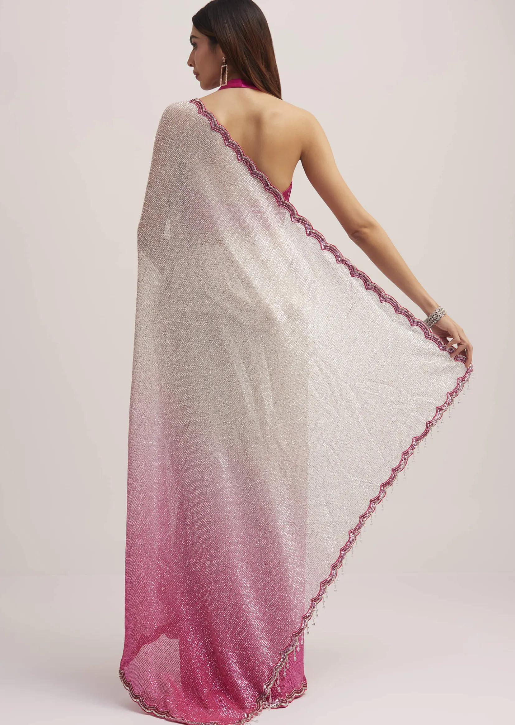 Pink Ombre Sequins Saree With Scallop Border