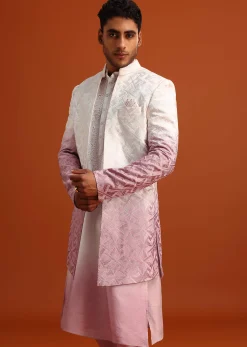 Pink Ombre Sherwani And Kurta Set With Resham Work