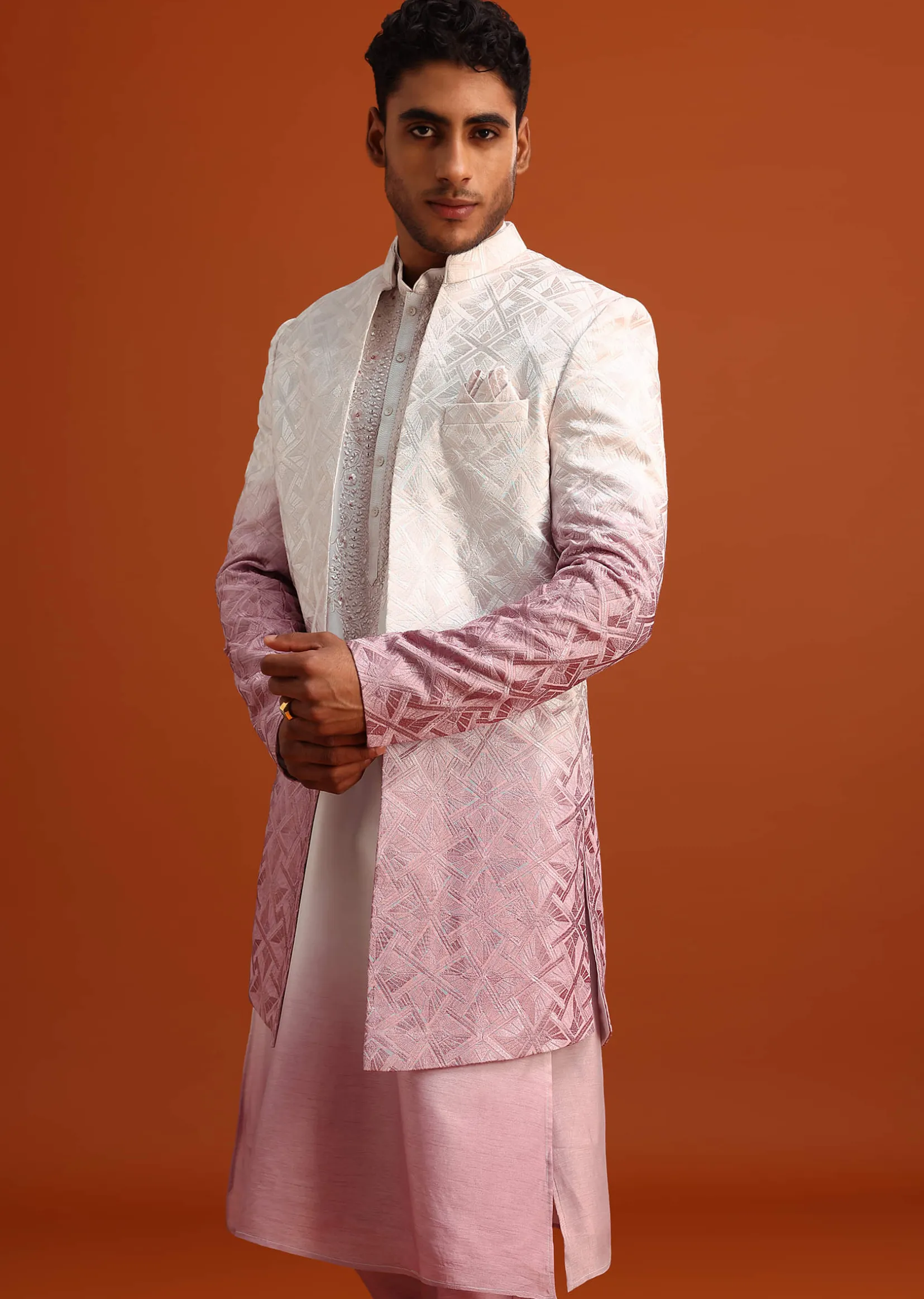 Pink Ombre Sherwani And Kurta Set With Resham Work