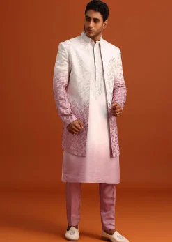 Pink Ombre Sherwani And Kurta Set With Resham Work