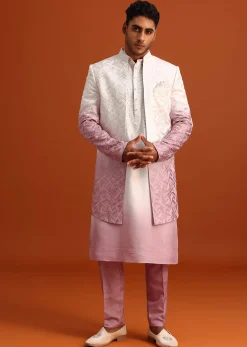 Pink Ombre Sherwani And Kurta Set With Resham Work