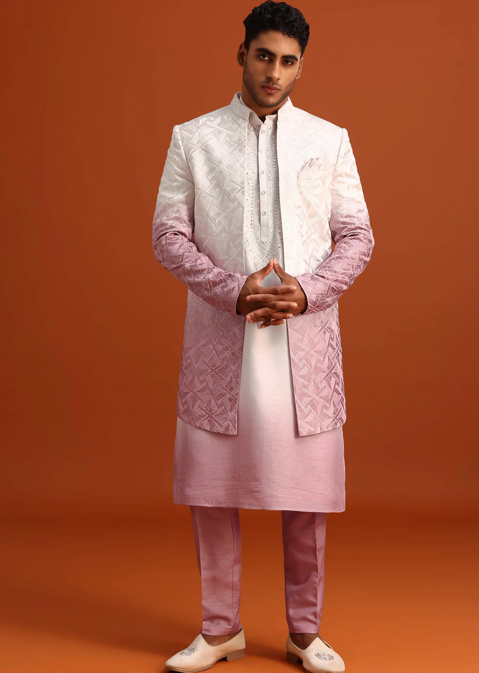 Pink Ombre Sherwani And Kurta Set With Resham Work