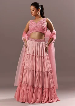 Pink Onbre Georgette Tiered Lehenga And Dupatta With V Neck Embroidered Raw Silk Blouse