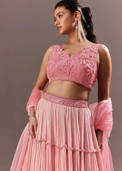 Pink Onbre Georgette Tiered Lehenga And Dupatta With V Neck Embroidered Raw Silk Blouse