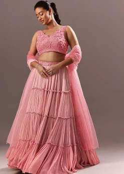 Pink Onbre Georgette Tiered Lehenga And Dupatta With V Neck Embroidered Raw Silk Blouse