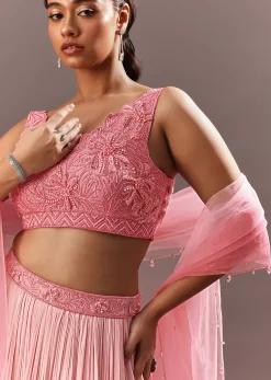 Pink Onbre Georgette Tiered Lehenga And Dupatta With V Neck Embroidered Raw Silk Blouse
