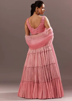 Pink Onbre Georgette Tiered Lehenga And Dupatta With V Neck Embroidered Raw Silk Blouse