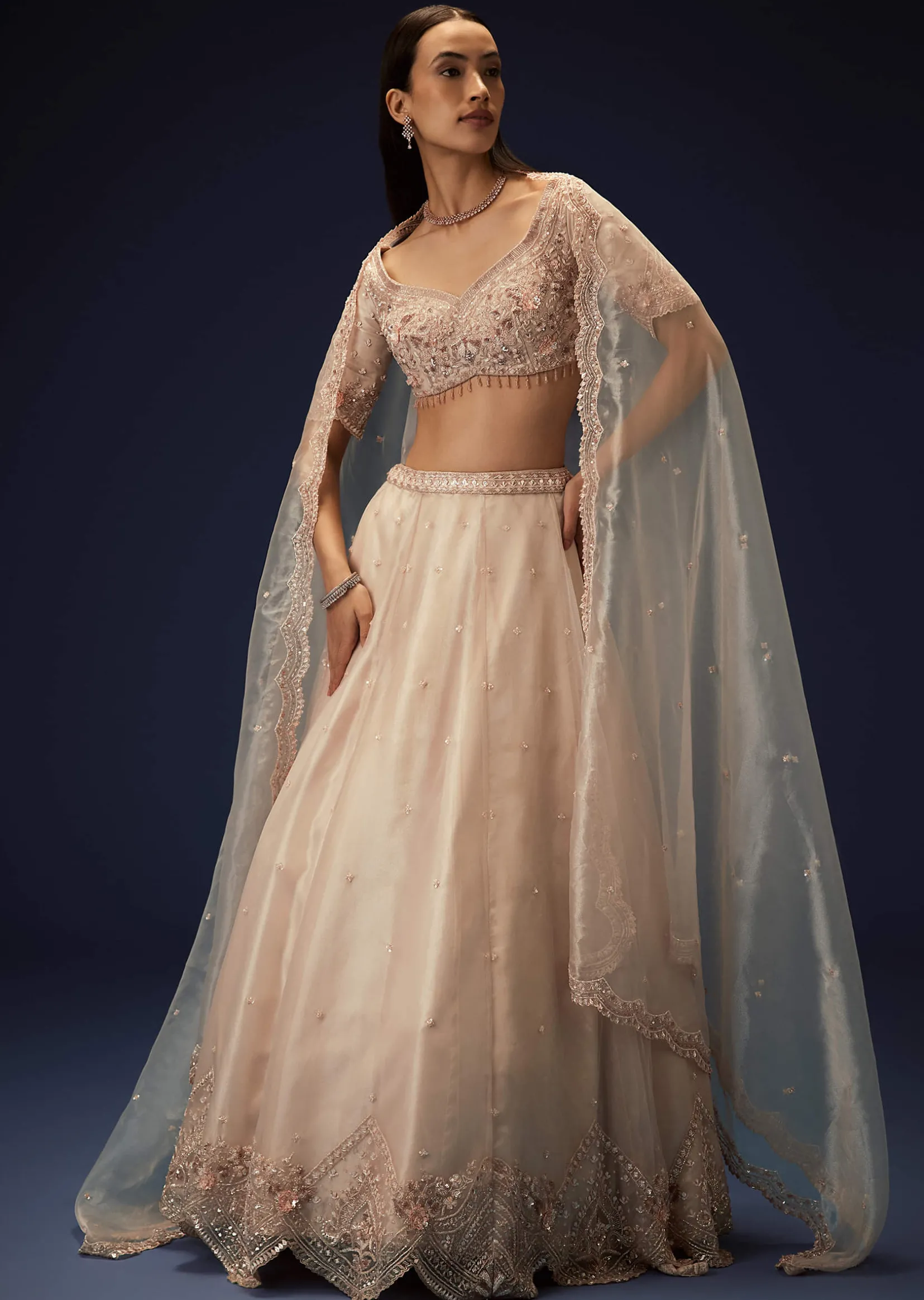 Pink Organza 8 Kali Lehenga With Embroidered Blouse and Cutwork Dupatta