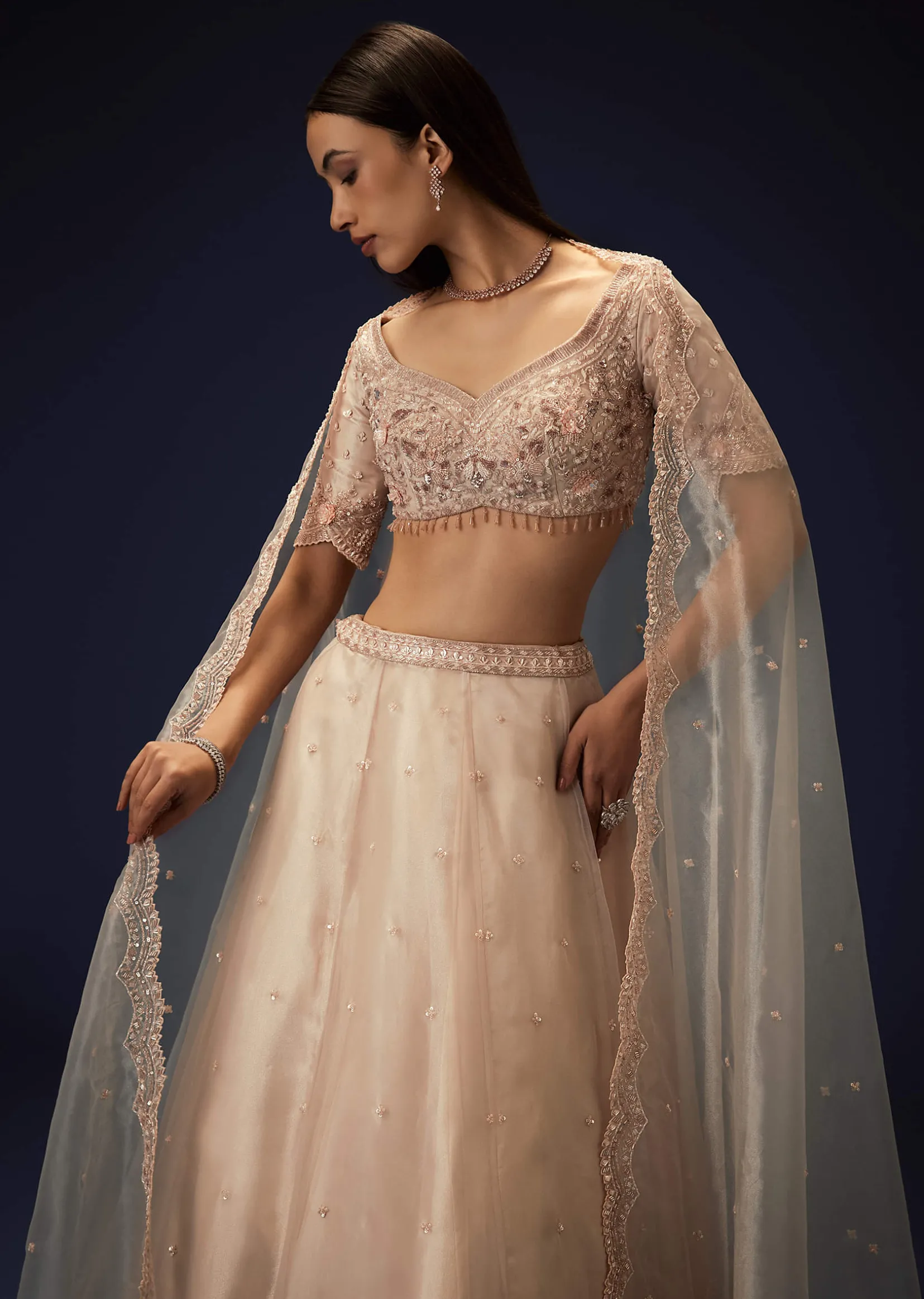 Pink Organza 8 Kali Lehenga With Embroidered Blouse and Cutwork Dupatta
