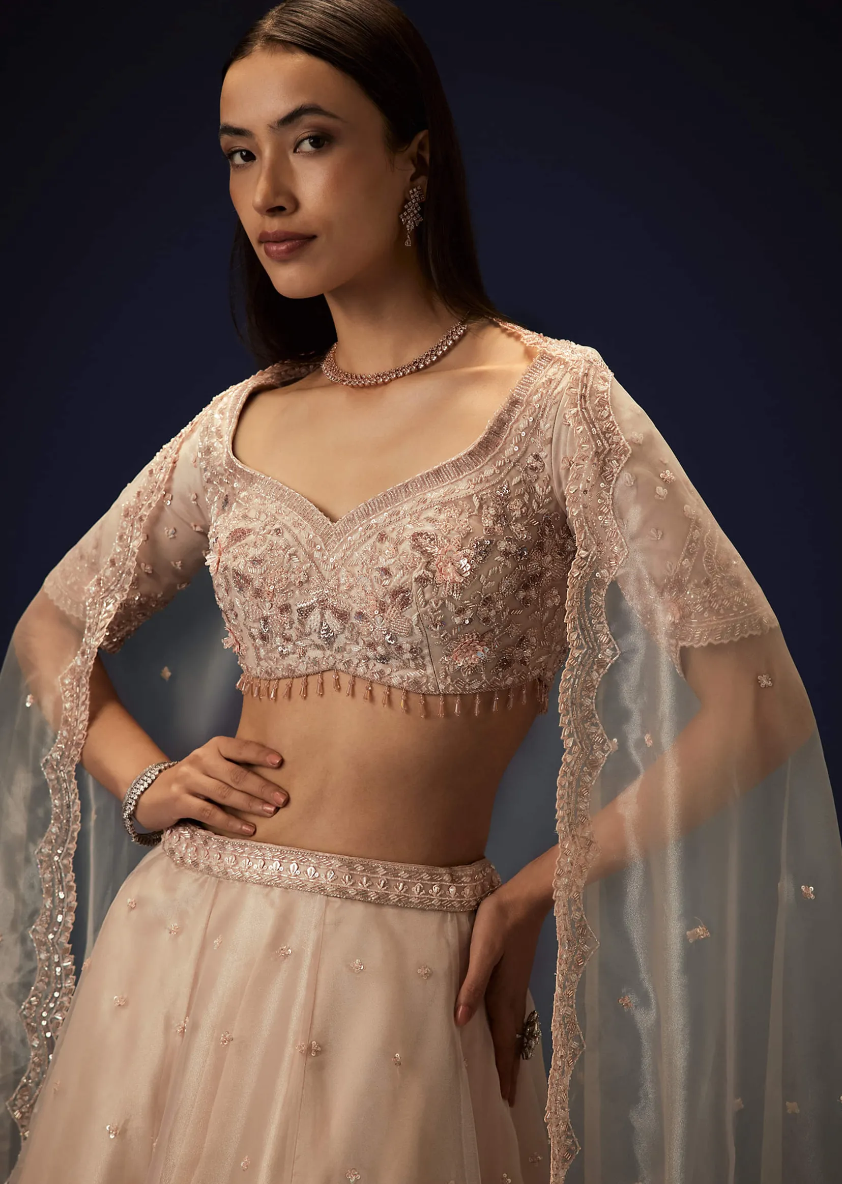 Pink Organza 8 Kali Lehenga With Embroidered Blouse and Cutwork Dupatta