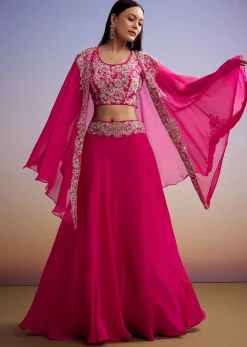 Pink Organza Crop Top And Skirt Set With Embroidered Cape
