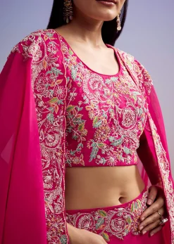 Pink Organza Crop Top And Skirt Set With Embroidered Cape