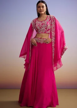 Pink Organza Crop Top And Skirt Set With Embroidered Cape
