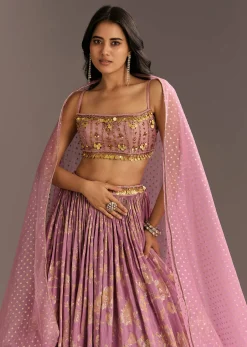 Pink Organza Double Layered Lehenga Set With Handwork Embroidery