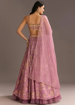 Pink Organza Double Layered Lehenga Set With Handwork Embroidery
