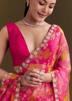 Pink Organza Floral Saree With Embellished Border
